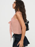 Sheer top V neckline, tie closure at center, tie up straps