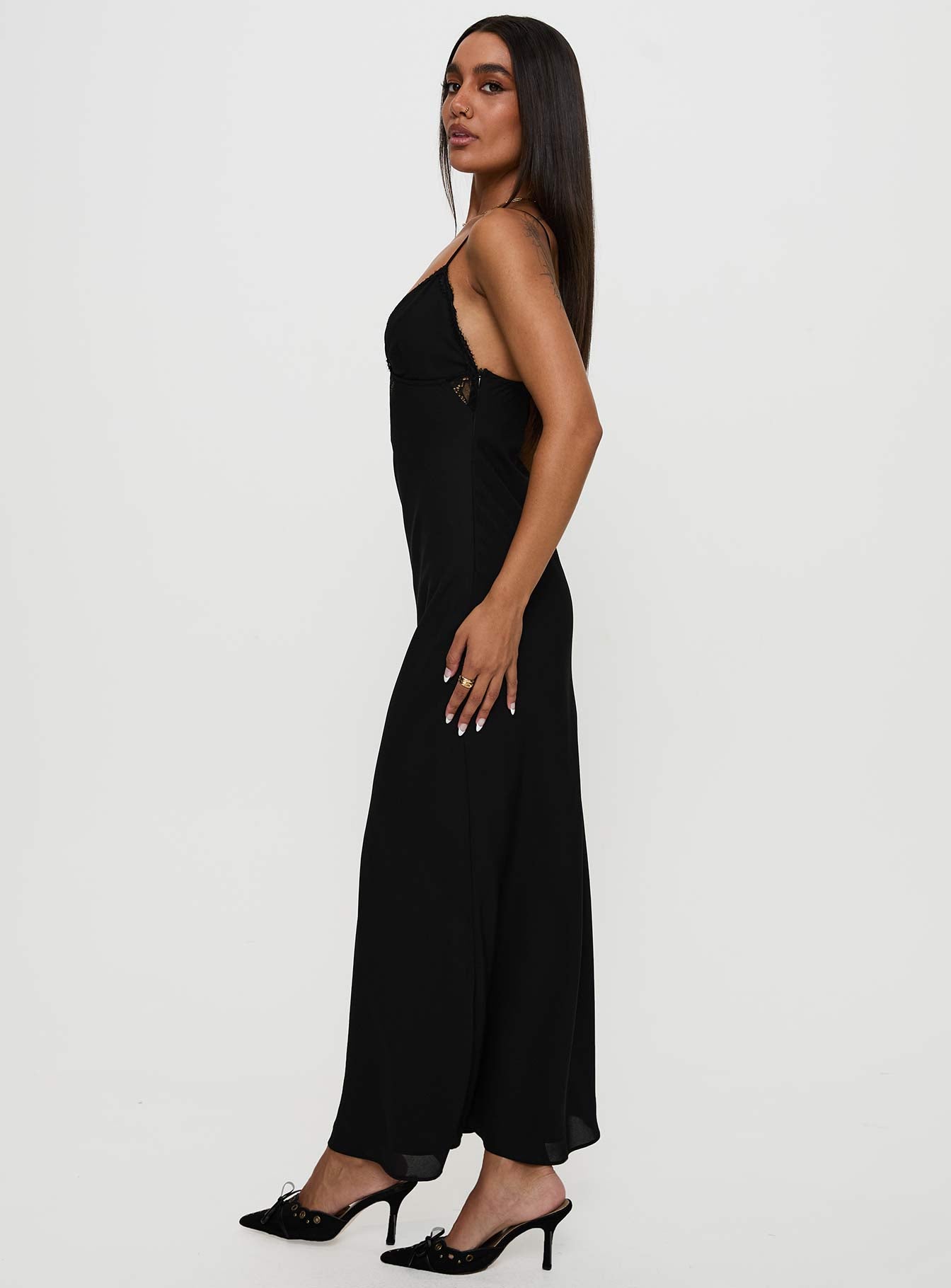 side view of model wearing Princess Polly Artea Maxi Dress Black Plunger 
