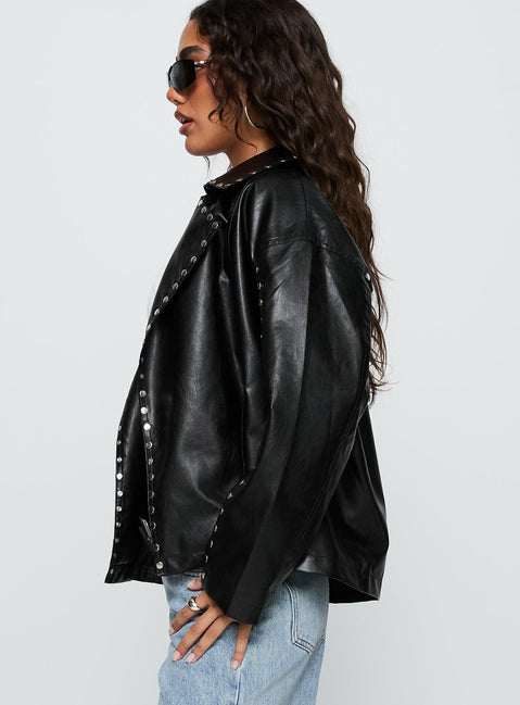 Kaeden Faux Leather Stud Detail Biker Jacket Black