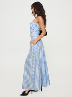   side view of model wearing Princess Polly Carmino Maxi Skirt Blue Check Midi Skirts 
