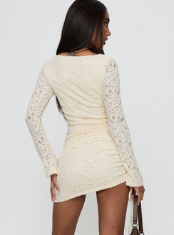 back view of model wearing Princess Polly Que Sera Long Sleeve Mini Dress Cream Boat Neck 