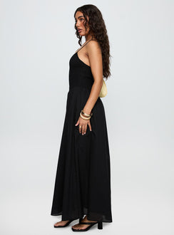 side view of model wearing Princess Polly Carys Maxi Dress Black Square Neck 