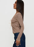 side view of model wearing Princess Polly Maemi Long Sleeve Tie Up Top Brown Check Full Sleeves Scoop Neck 