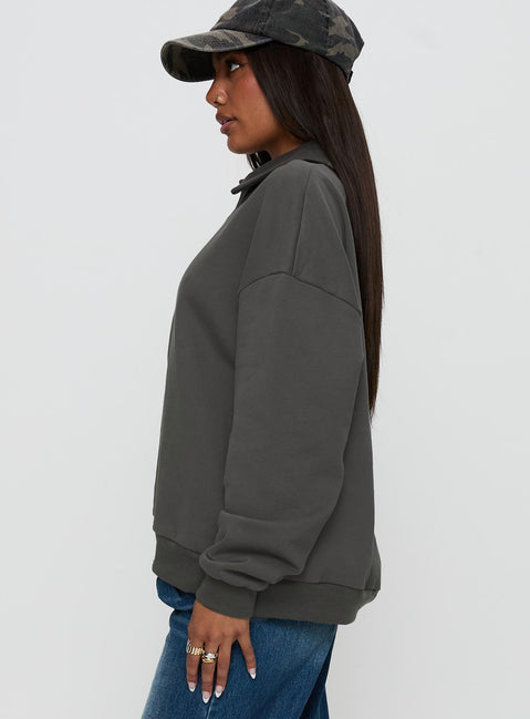 side view of model wearing Princess Polly Back Around Collared Fleece Jumper Slate 