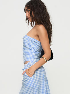 side view of model wearing Princess Polly Carmino Strapless Top Blue Check Sleeveless straight 