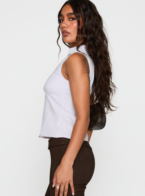 side view of model wearing Princess Polly Mark On Me Sleeveless Top Purple Stripe Sleeveless V-Neck 