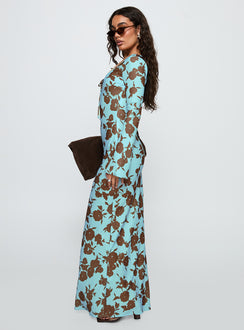 side view of model wearing Princess Polly Elorie Long Sleeve Maxi Dress Blue / Brown Scoop Neck 