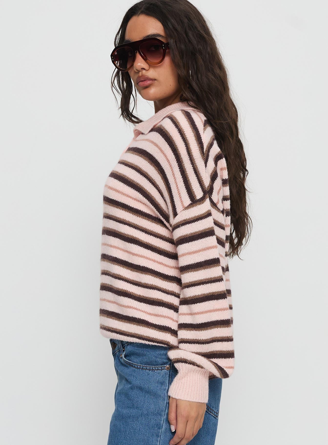 back view of model wearing Princess Polly Jeanny Collared Knit Sweater Brown / Pink Stripe Longline Jumpers 