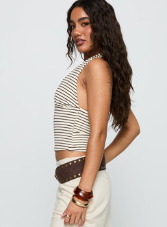 side view of model wearing Princess Polly Whimsy Halter Top Chocolate / White Stripe Sleeveless Plunger 