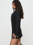 Long sleeve mini dress V neckline, lace trim, tie fastening at bust, invisible zip fastening at side