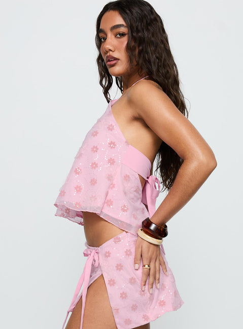 side view of model wearing Princess Polly Remembering Tie Back Top Pink Sleeveless Asymmetric Neckline 