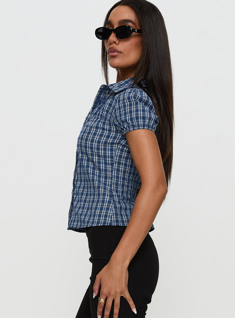 side view of model wearing Princess Polly Separate Scenes Button Up Top Blue Check Short Sleeves V-Neck 
