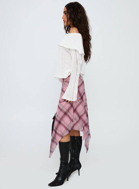   side view of model wearing Princess Polly Anali Asymmetrical Midi Skirt Pink / Multi Check Midi Skirts 