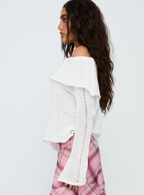 side view of model wearing Princess Polly So Gone Off Shoulder Knit Sweater White 