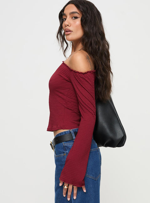 Opulent One Shoulder Top Maroon Full Sleeves Asymmetric Neckline 