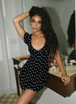 front view of model wearing Princess Polly I Guess So Mini Dress Black Polka Dot Petite V-Neck 