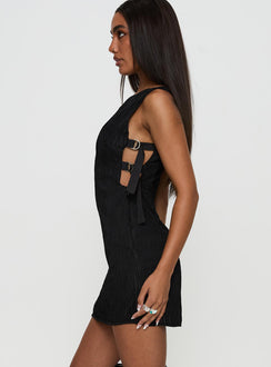 side view of model wearing Princess Polly Siyana Belted Mini Dress Black Crew Neck 