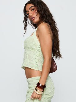 side view of model wearing Princess Polly Aspyn Halter Top Sage Sleeveless Plunger 