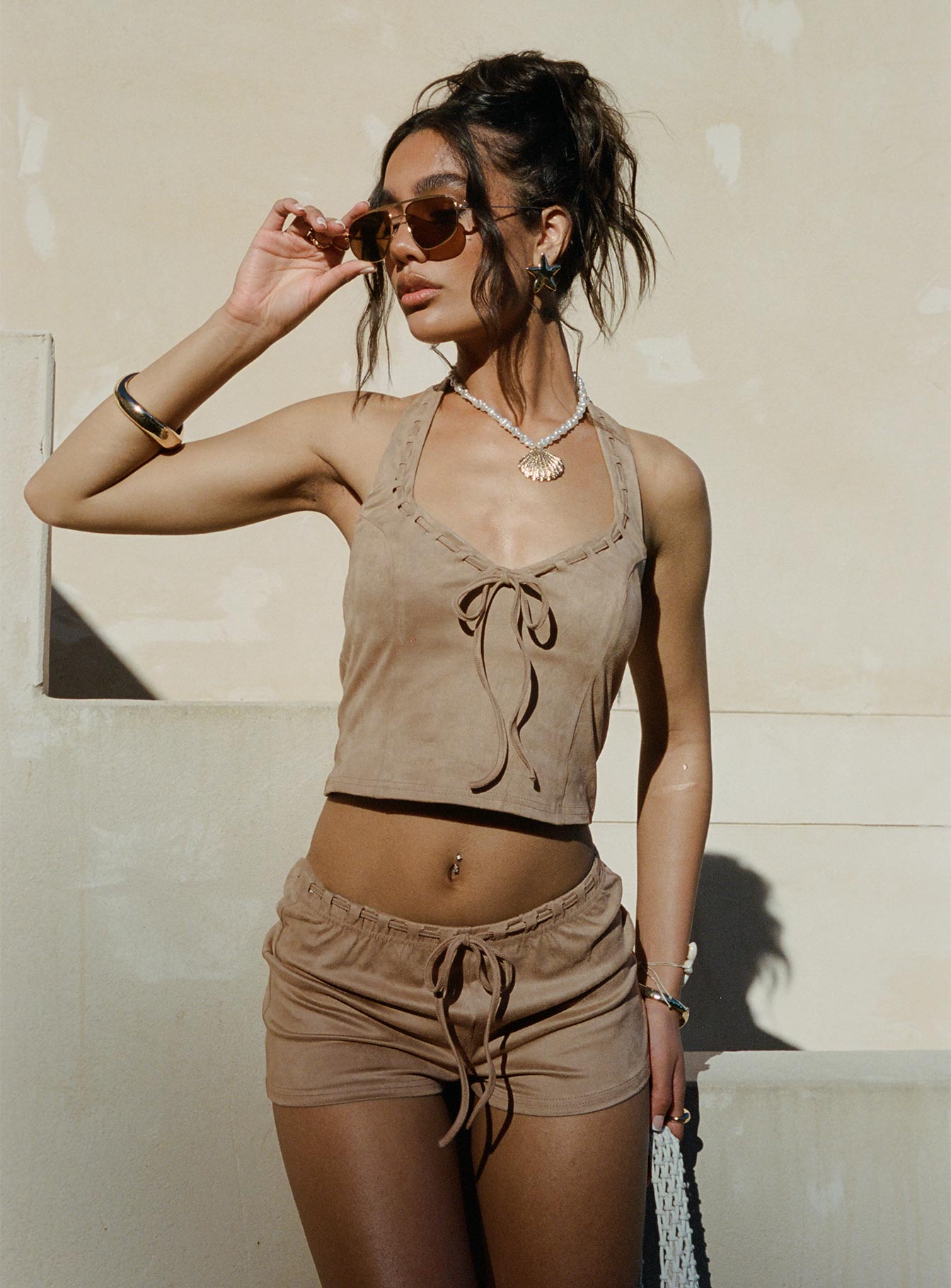 front view of model wearing Princess Polly Eternal Youth Faux Suede Top Taupe Sleeveless V-Neck 