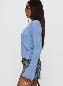side view of model wearing Princess Polly Phillips Cold Shoulder Sweater Blue Cropped 