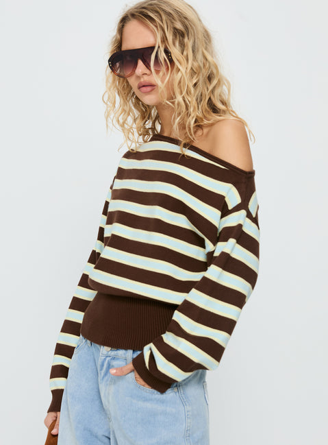 side view of model wearing Princess Polly Zinia Off Shoulder Knit Sweater Brown / Blue Stripe Cropped 