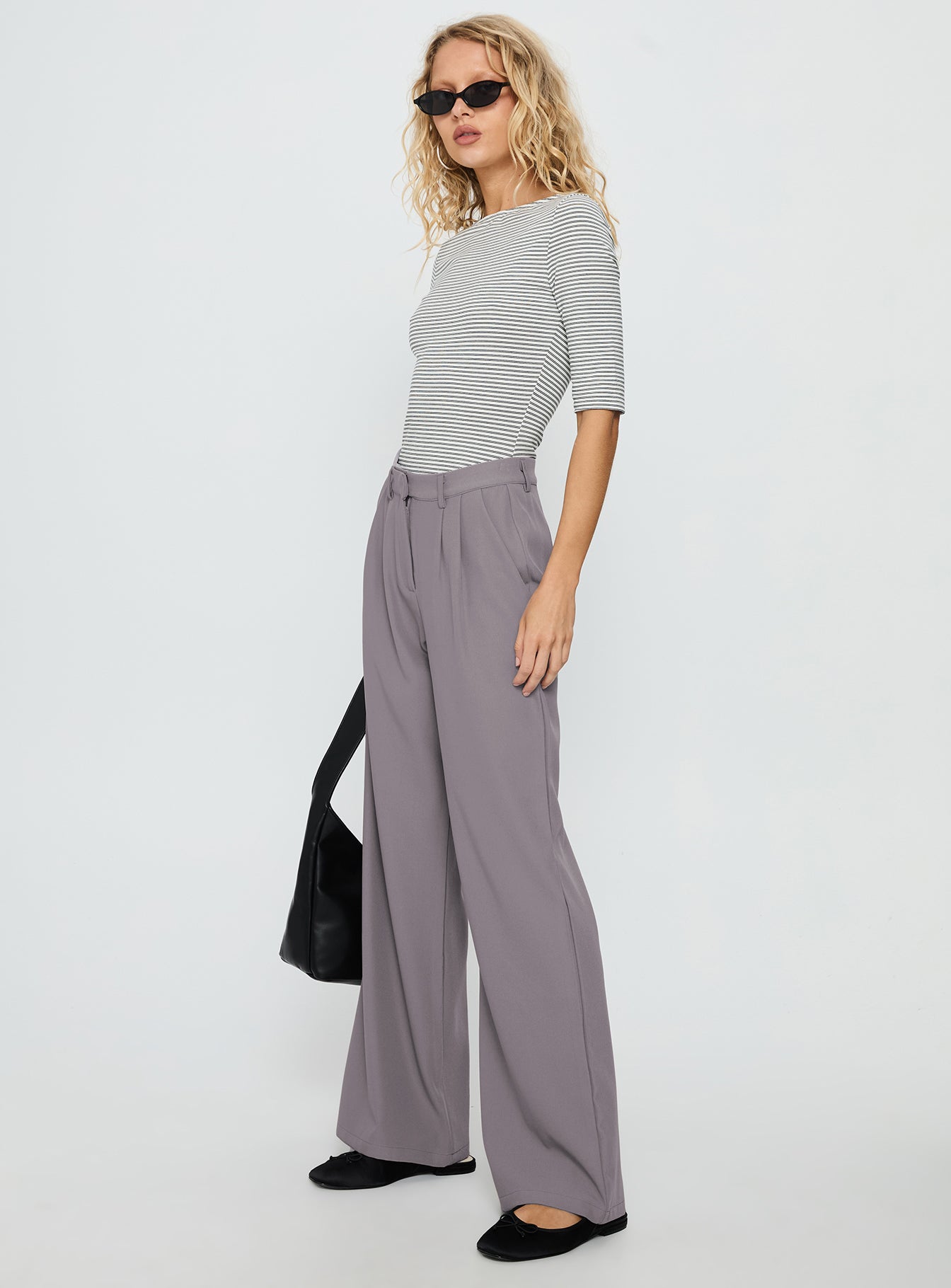 side view of model wearing Princess Polly Ambient Wide Leg Pant Grey High Waisted Pants 