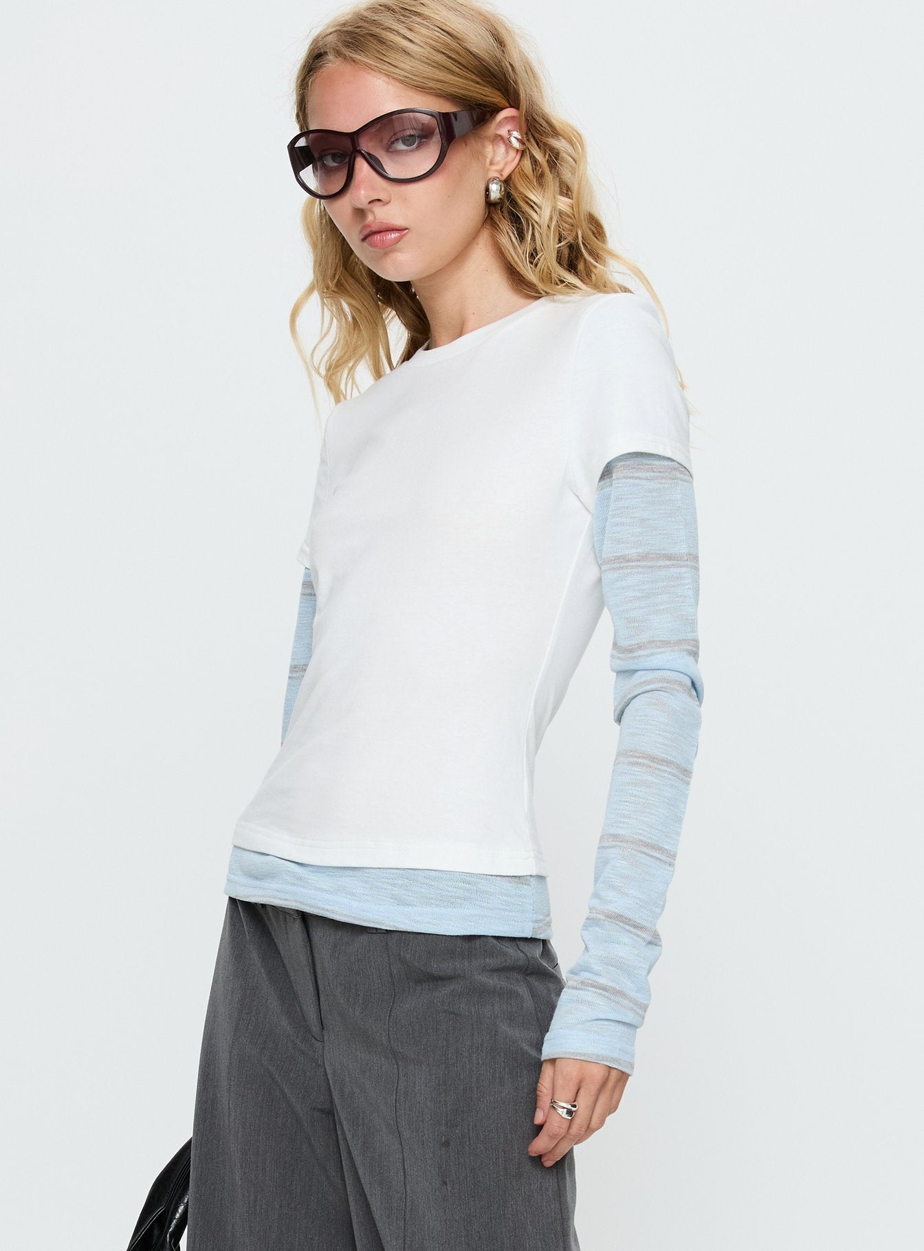 Caisey Layered Long Sleeve Top White / Blue Stripe