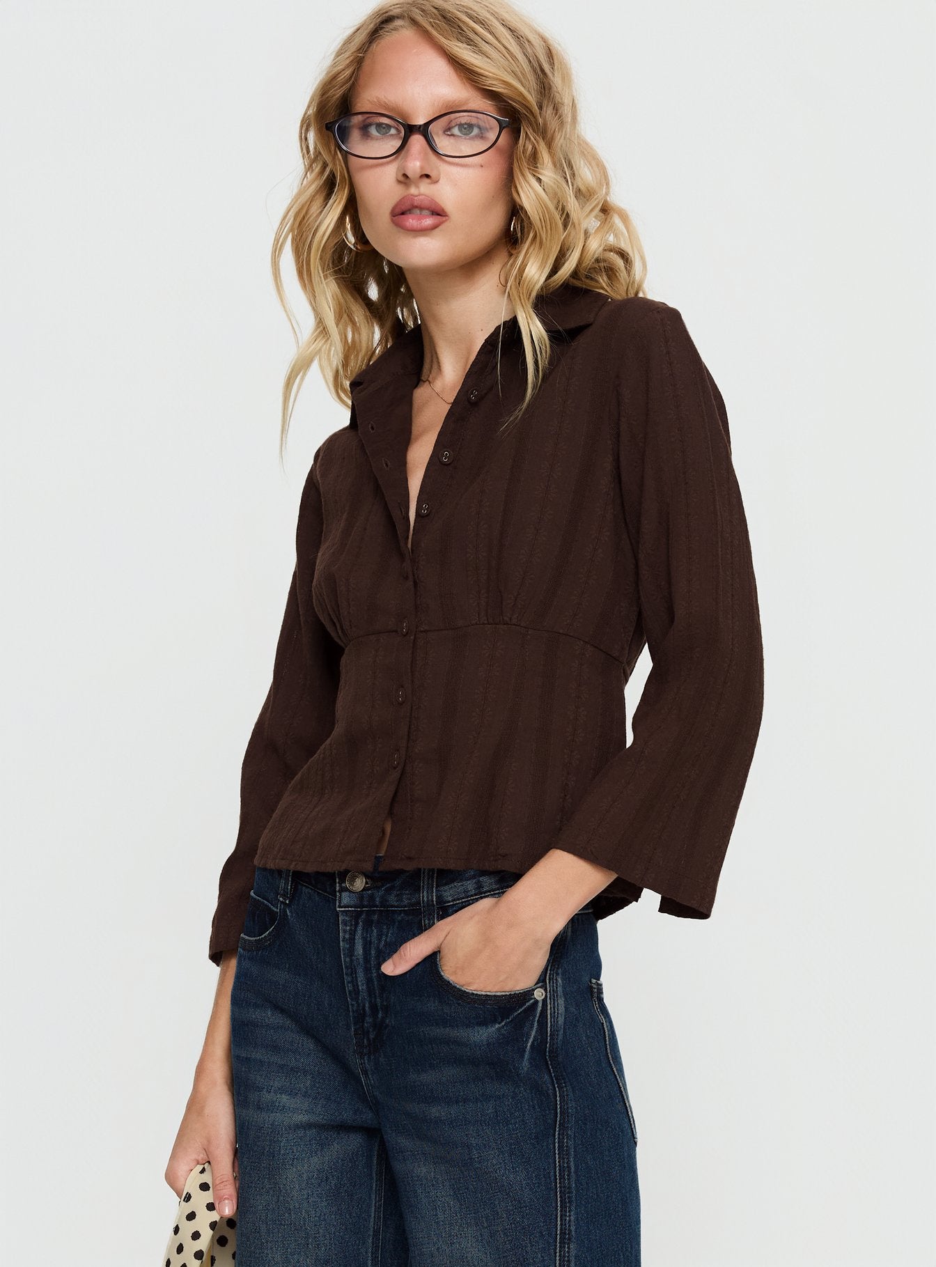 Taelynn 3/4 Sleeve Button Up Shirt Chocolate