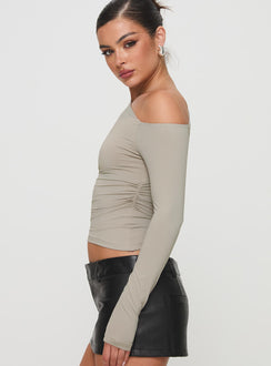side view of model wearing Princess Polly Unplugged Long Sleeve Top Grey Full Sleeves Asymmetric Neckline 