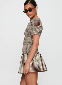 Laurita Shirred Mini Dress Brown Check Tall