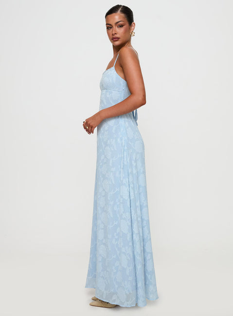 side view of model wearing Princess Polly South Of France Maxi Dress Blue Square Neck 