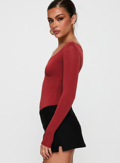 side view of model wearing Princess Polly Loveydove Bodysuit Burgundy Long Sleeve Tops 