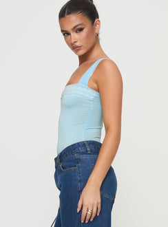 side view of model wearing Princess Polly Keating Bodysuit Baby Blue Sleeveless Square Neck 