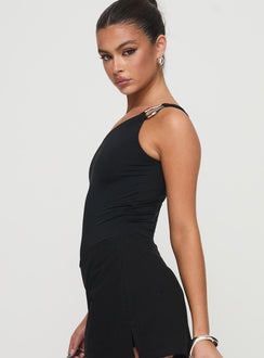 side view of model wearing Princess Polly Talija One Shoulder Bodysuit Black Tall Sleeveless 