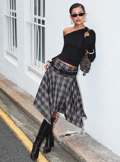 Scholar Asymmetrical Midi Skirt Grey Check