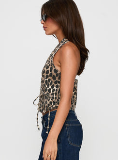 side view of model wearing Princess Polly Feel This Way Wrap Top Leopard Sleeveless Plunger 
