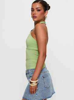 side view of model wearing Princess Polly Quell Top Green Sleeveless High Neck 
