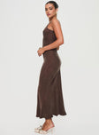 side view of model wearing Princess Polly Laurette Maxi Dress Brown Petite V-Neck 