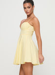 side view of model wearing Princess Polly Xantha Mini Dress Yellow Sweetheart Neckline 