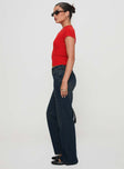 side view of model wearing Princess Polly Cybele Straight Leg Jean Dark Denim Mid Rise 