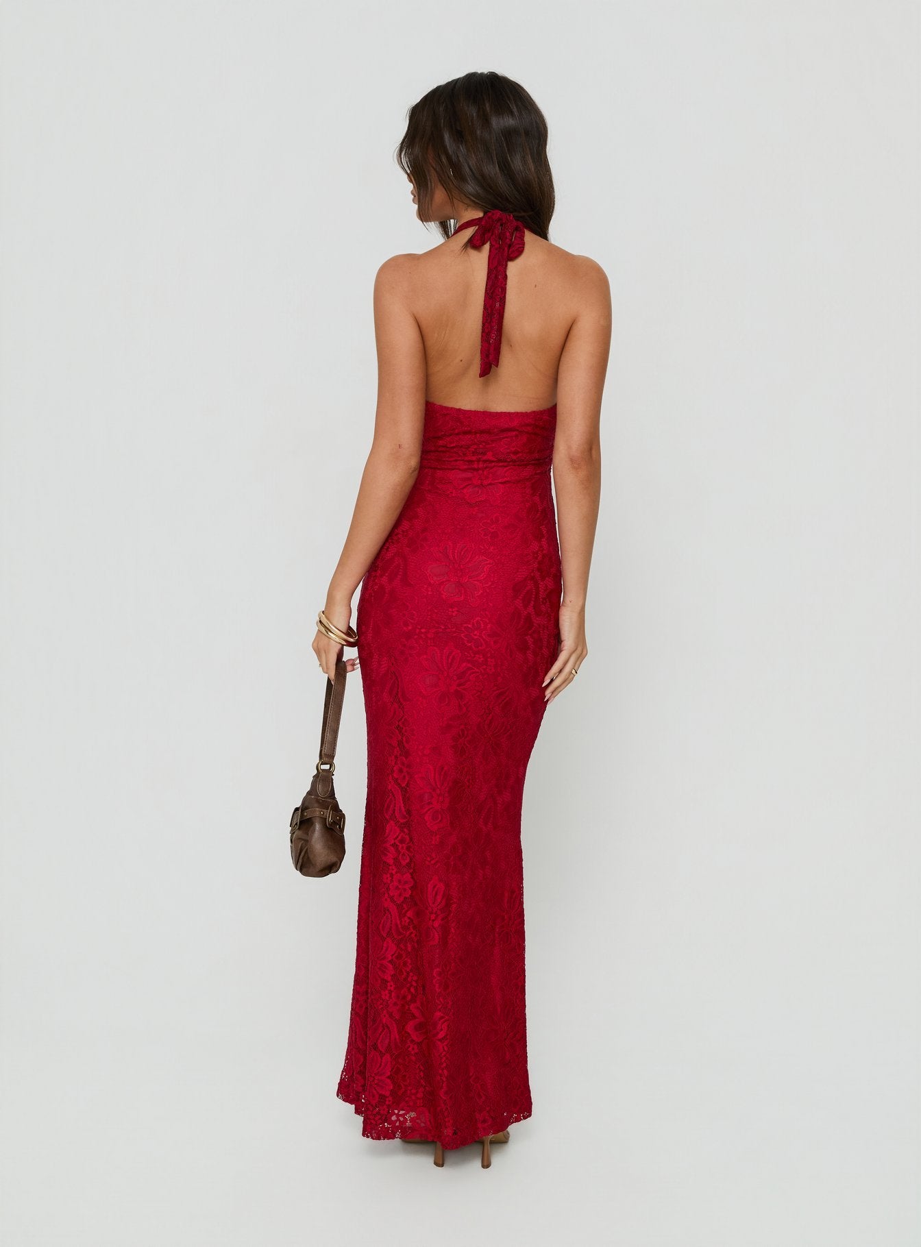 Kalaia Lace Halter Maxi Dress Red