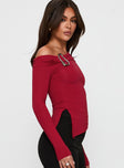 side view of model wearing Princess Polly Donalla Off The Shoulder Hardware Detail Top Red Full Sleeves Asymmetric Neckline 