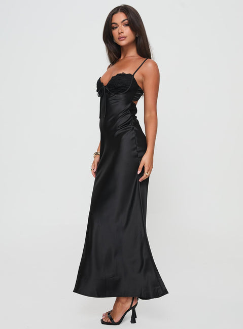 side view of model wearing Princess Polly Fadyen Bias Cut Maxi Dress Black Tall Sweetheart Neckline 