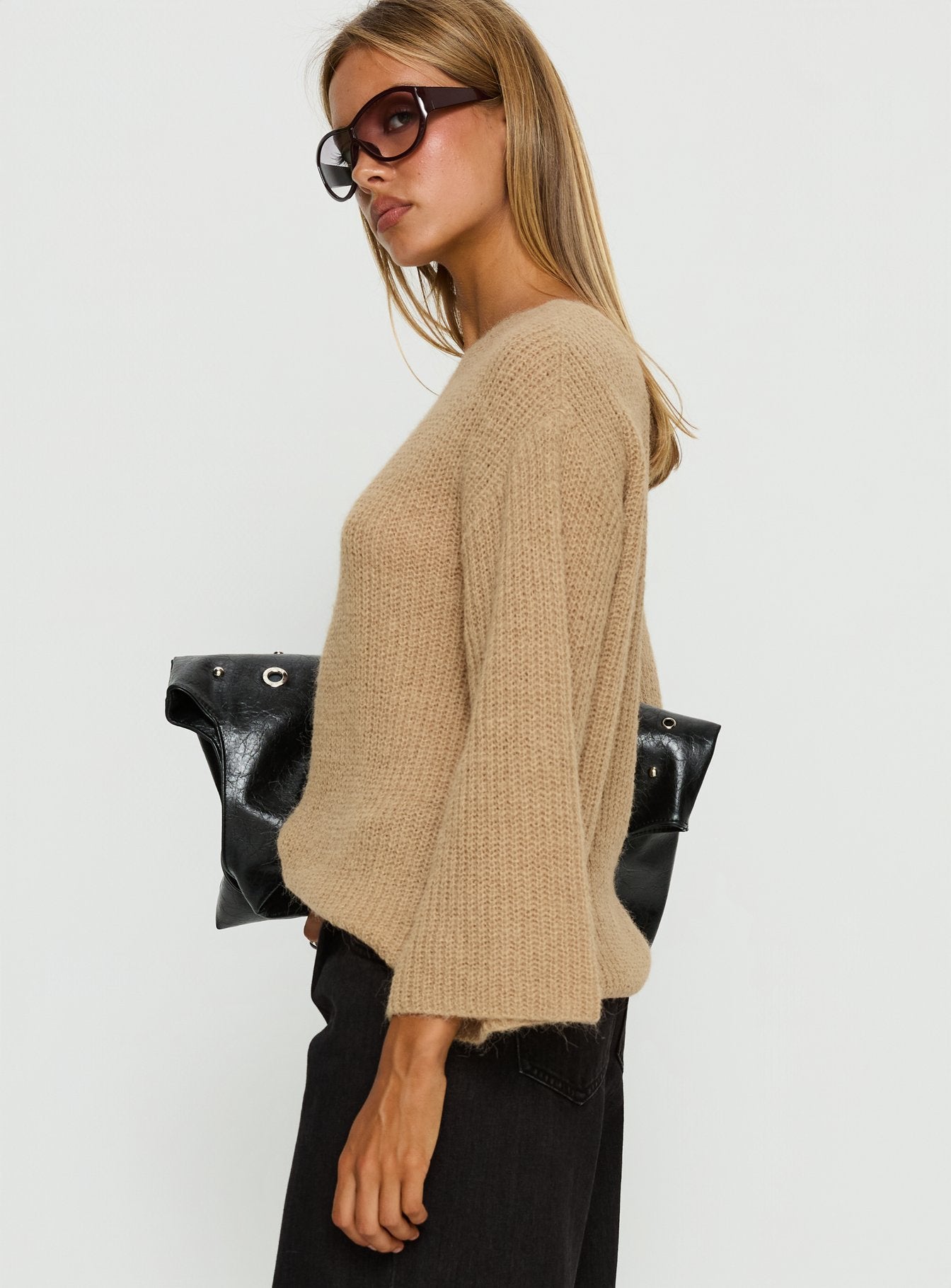 side view of model wearing Princess Polly Delyn Off Shoulder Slouchy Knit Sweater Camel Cropped Jumpers 