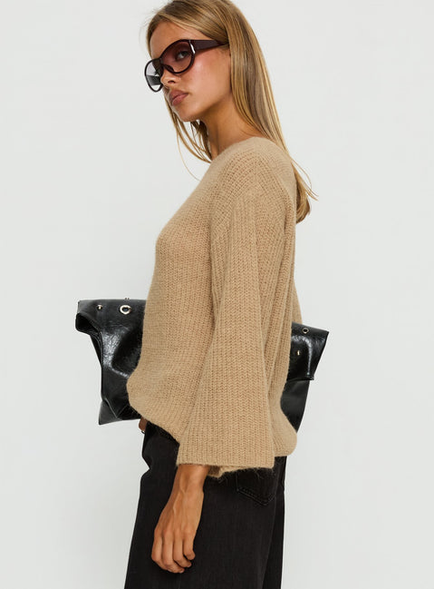side view of model wearing Princess Polly Delyn Off Shoulder Slouchy Knit Sweater Camel Cropped Jumpers 