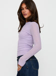 side view of model wearing Princess Polly See You Soon Long Sleeve Top Purple Full Sleeves Crew Neck 