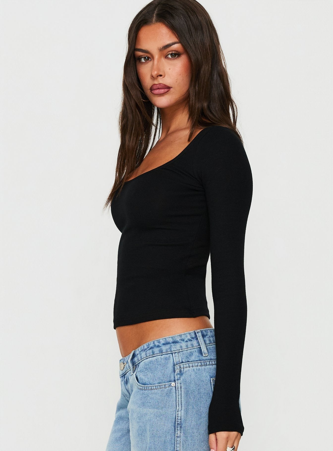 Baseline Rib Scoop Neck Long Sleeve Reversible Top Black