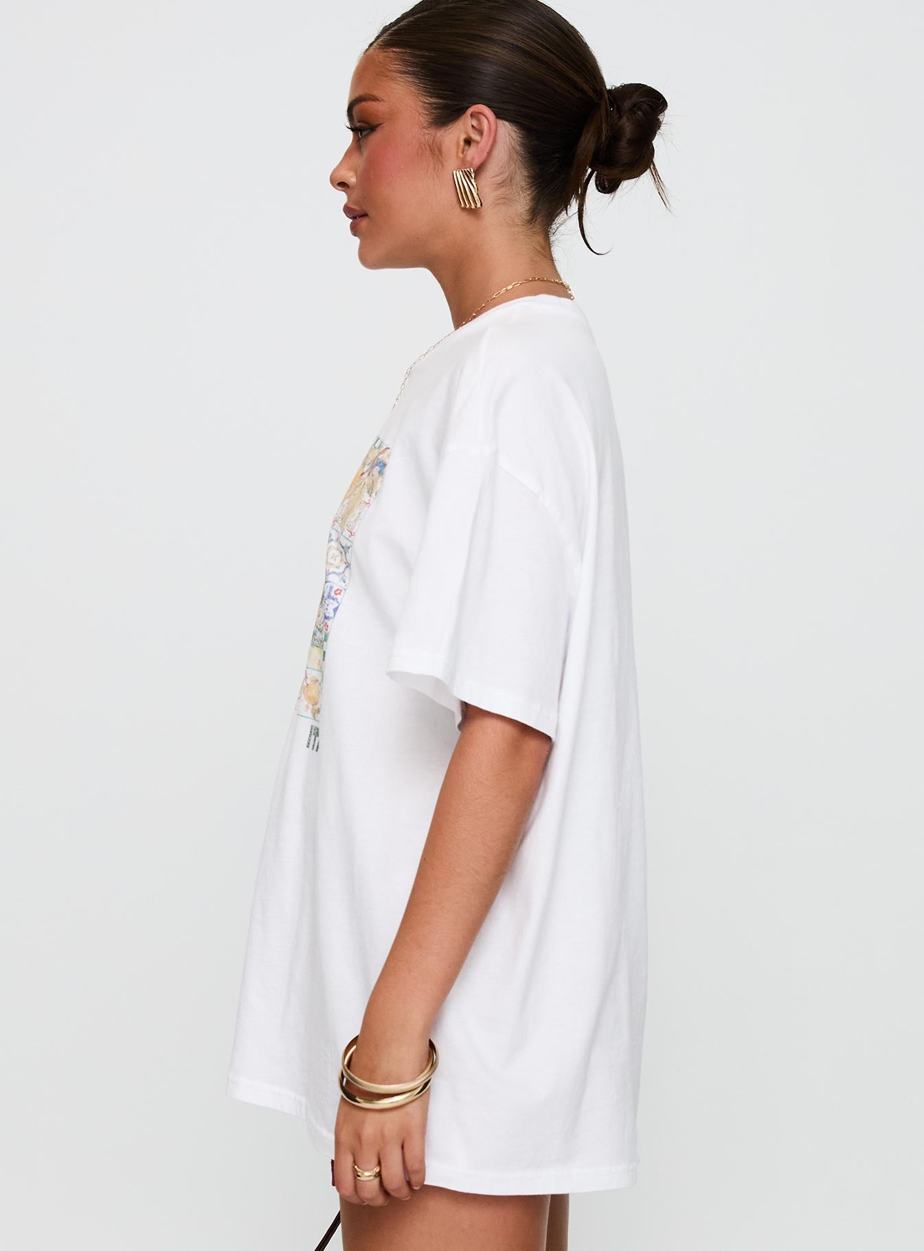side view of model wearing Princess Polly Love From Tuscany Oversized Graphic Top White Half Sleeves Crew Neck 