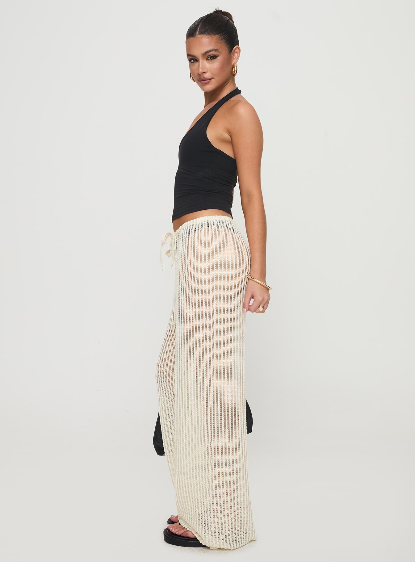 side view of model wearing Princess Polly Darcie Knit Pants Beige High Waisted Pants 