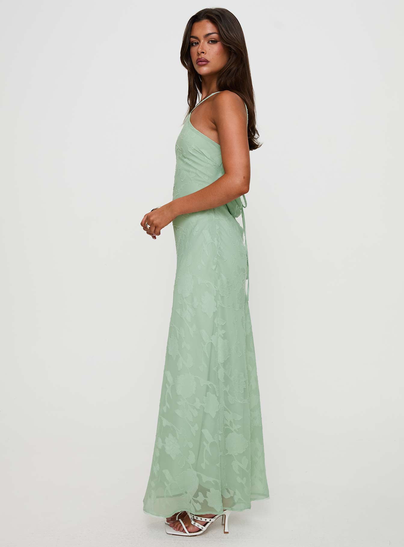 side view of model wearing Princess Polly Zoelle Halter Maxi Dress Sage V-Neck 